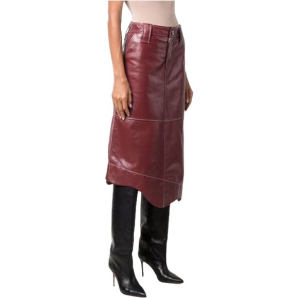 NEW GANNI Lambs Leather Madder Brown Wavy Midi Skirt Size 36/ S - Picture 1 of 8